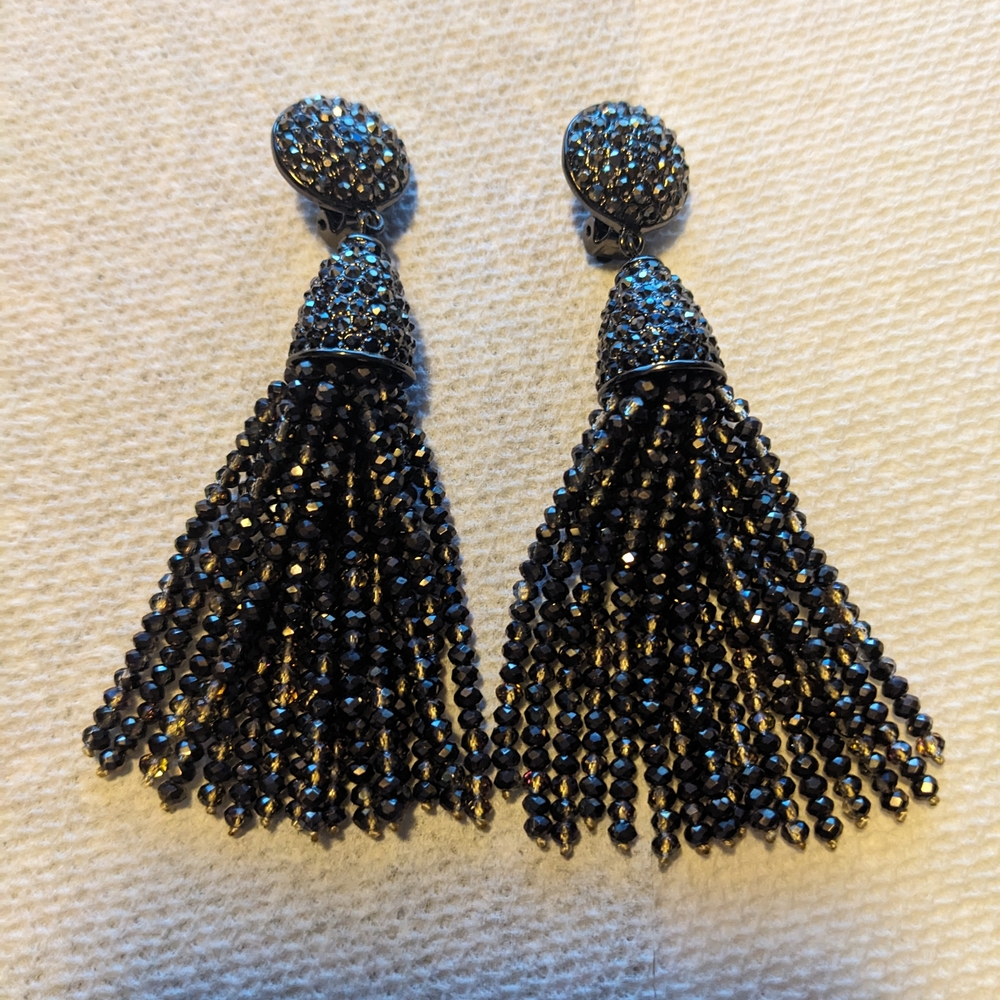 Joan Boyce Trendy Tasteful & Terrific Swarovski Crystal Tassel Clipback Earrings
